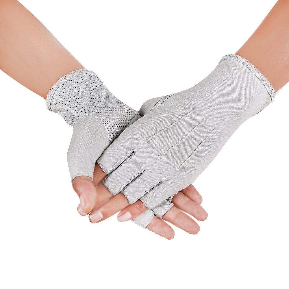 JISEN Men Sunscreen Fingerless Cotton Gloves UV Protection Driving Polyester Mittens A-Gray1