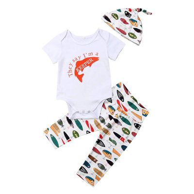 3Pcs Baby Boys Clothing Set, Daddy's Fishing Buddy Rompers Jumpsuit Top Fish Printed Pants Hat Outfits (White#, 6-12M)