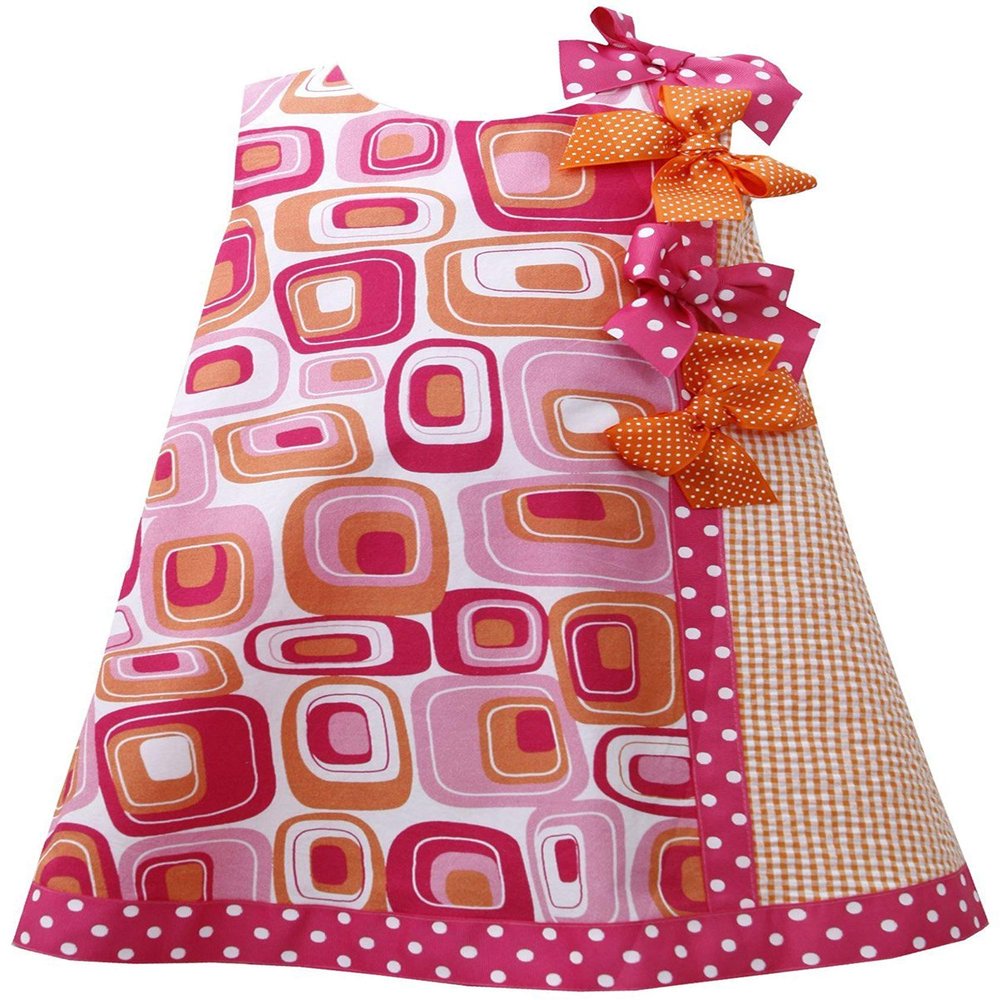 Baby Girls 3M-24M Fuchsia-Pink/Orange Geometric Print Cotton Shift Dress (18 Months, Fuchsia)