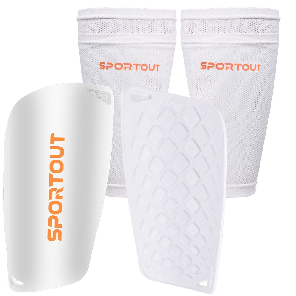 Sportout Soccer Shin Guards - Shin Guards Soccer Kids Youth Adult Protective Shin Pads with Sleeves and Insert Pocket for Boys Girls for Age 4-6, 6-8, 8-10,10-12,12-14,14-Adult (White, M)