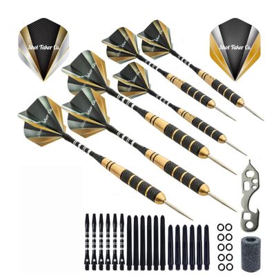 SHOT TAKER CO. EST. 2017 6pc Steel Tip Darts Set - Professional Darts for Dartboard - Includes Barrels + Plastic/Aluminum Shafts + O'Rings + Flights + Sharpener + Wrench (22g-Classic A-10411)