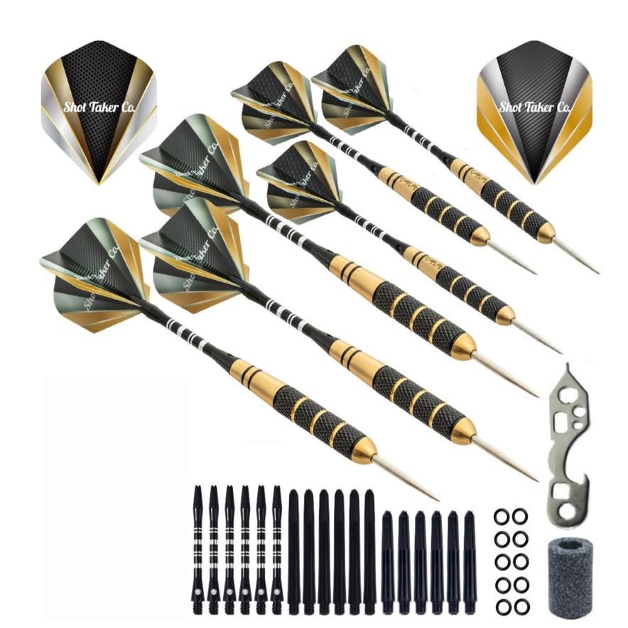 SHOT TAKER CO. EST. 2017 6pc Steel Tip Darts Set - Professional Darts for Dartboard - Includes Barrels + Plastic/Aluminum Shafts + O'Rings + Flights + Sharpener + Wrench (22g-Classic A-10411)