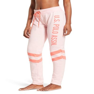 U.S. Polo Assn. Womens Sweatpants - Women Joggers Sweats with Logo Print - French Terry Poly-Cotton Pluz Size (Light Pink Heather with Stripe, Small)