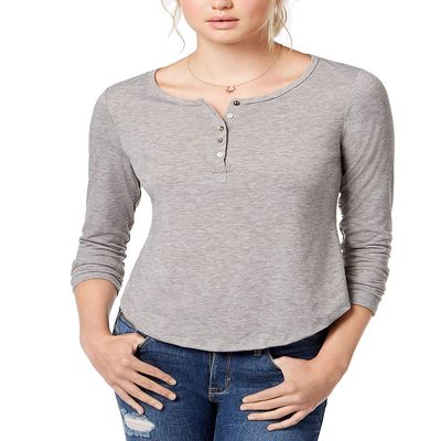 American Rag Juniors' Ruffled Cutout Henley (Heather Grey, L)