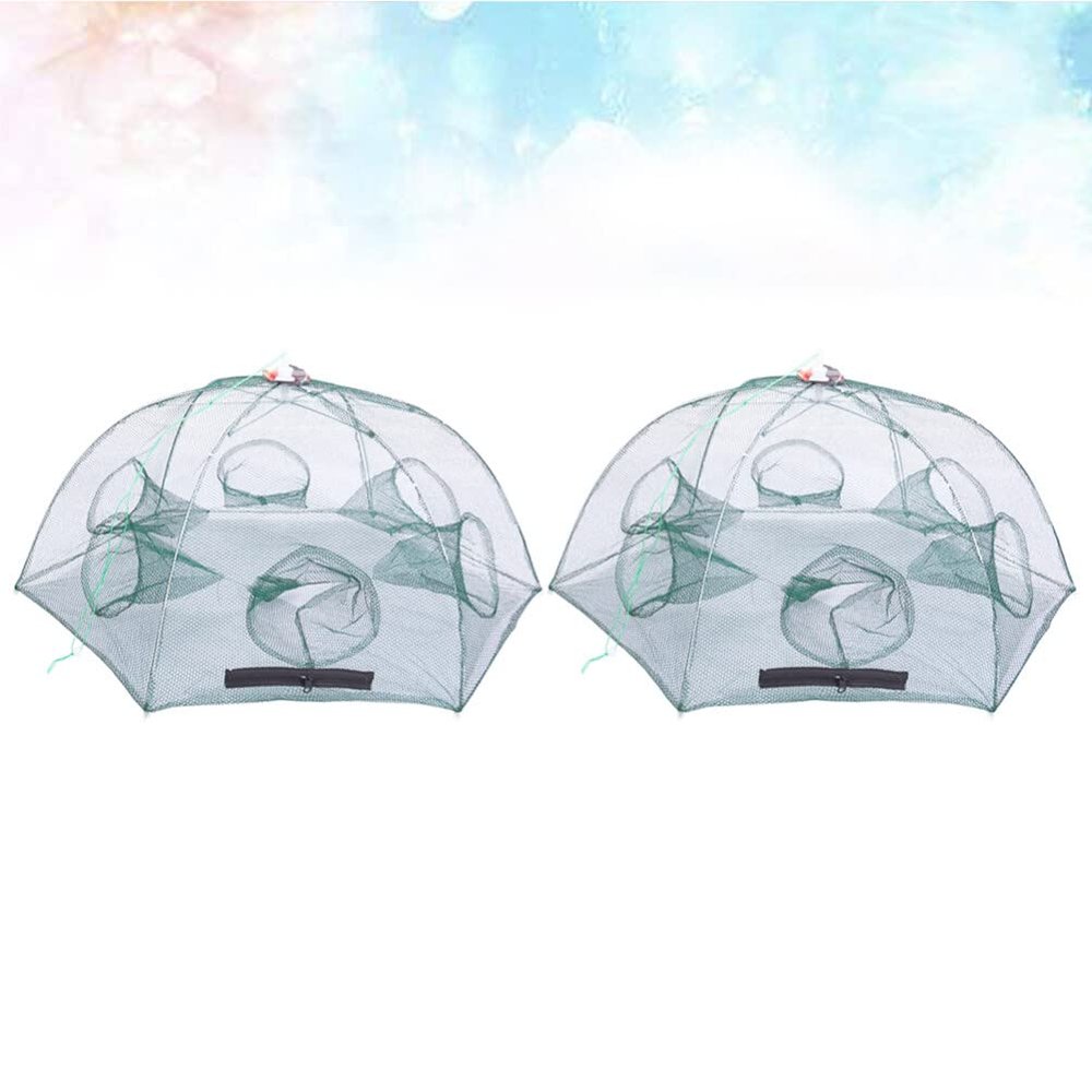 2PCS Fishing Net Foldable Crab Net Trap Cast Dip Cage for Fish Minnow Crawfish Shrimp Umbrella Design (Six Entrance)