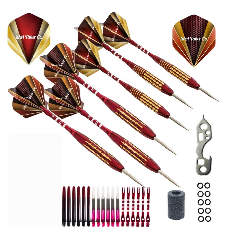SHOT TAKER CO. EST. 2017 6pc Steel Tip Darts Set - Professional Darts for Dartboard - Includes Barrels + Plastic/Aluminum Shafts + O'Rings + Flights + Sharpener + Wrench (21g-Red B-10412)