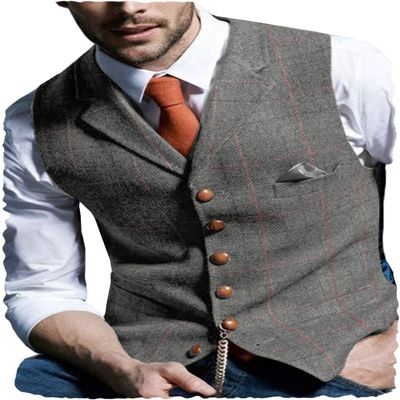 Aesido Casual Men's Vest for Wedding Plaid Soft Wool Tweed Waistcoat for Groosmen Best Man Grey XXXL