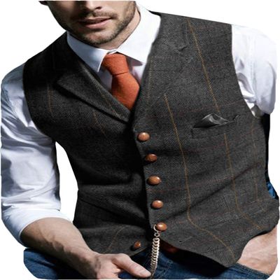 Aesido Casual Men's Vest for Wedding Plaid Soft Wool Tweed Waistcoat for Groosmen Best Man Black S