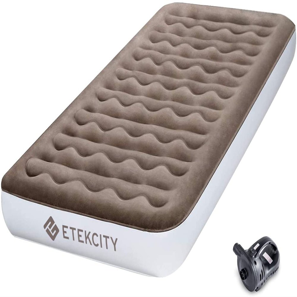 Etekcity Air Mattress Upgraded Twin Size Camping Air Bed Blow Up Bed Inflatable Mattress Raised Airbed with Rechargeable Pump for Guest, Camping, Hiking, Height 9", Storage Bag, Brown