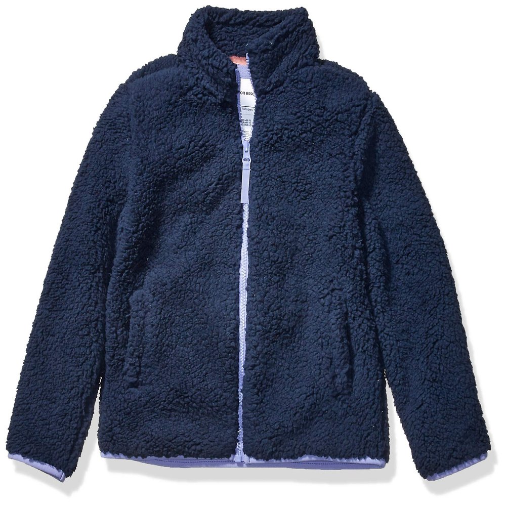 Amazon Essentials Girls' Sherpa Fleece Full-Zip Jacket, Washed Navy, Small