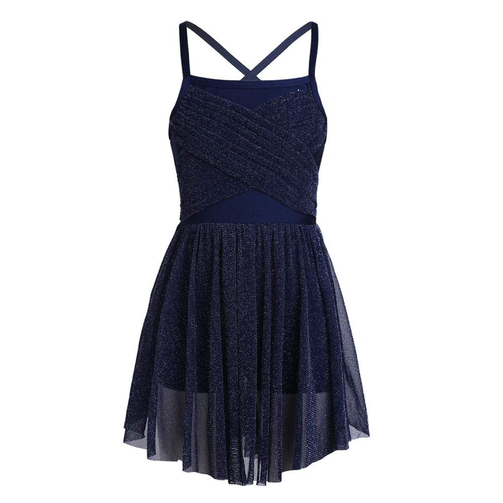 Alvivi Girls' Empire Waist Camisole Gymnastics Leotard with Chiffon Skirt Ballet Dance Dress Costumes (8-10, Glittery Mesh Navy Blue)
