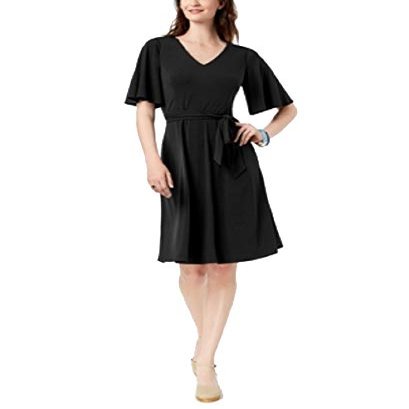 Charter CIub Petite Belted A Line Dress Deep Black PS