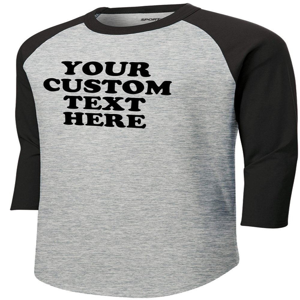 Custom Your Text Here Baseball T-Shirt | Youth Sizes | Add Your Team, Name, Number | Raglan 3/4 Sleeve, Unisex, 100% Cotton Heather Grey/Black