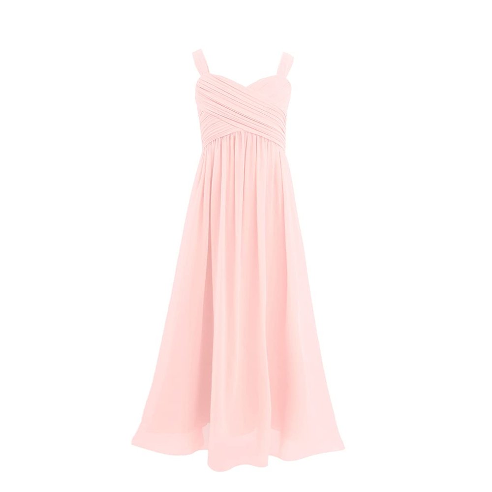 Agoky Girl's Chiffon Pleated Pageant Birthday Party Wedding Flower Girl Dress Junior Bridesmaid Long Gowns Pearl Pink 14