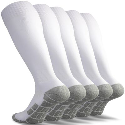 CWVLC Boy's Soccer Socks Youth 5 Pairs Rugby Sport Team Athletic Knee High Long Tube Cotton Compression Socks White Small (3Y-5Y Youth/ 4-6 Women)