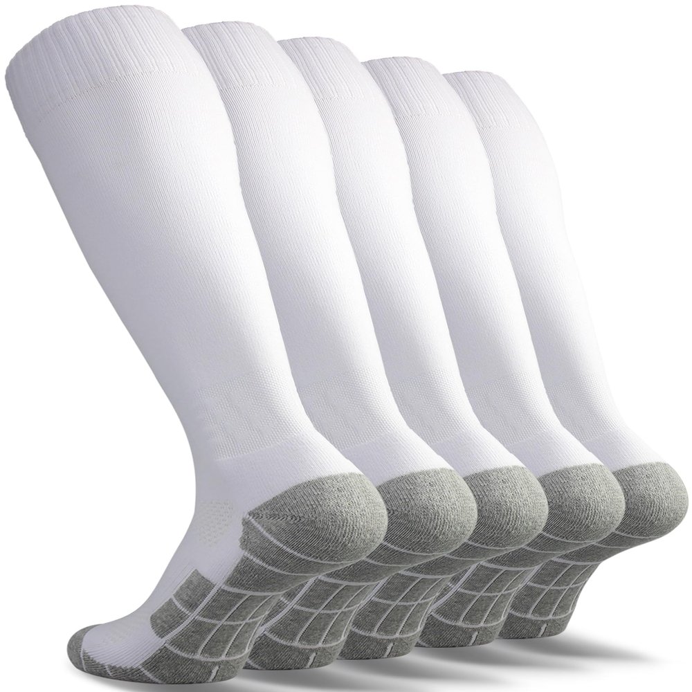 CWVLC Boy's Soccer Socks Youth 5 Pairs Rugby Sport Team Athletic Knee High Long Tube Cotton Compression Socks White Small (3Y-5Y Youth/ 4-6 Women)