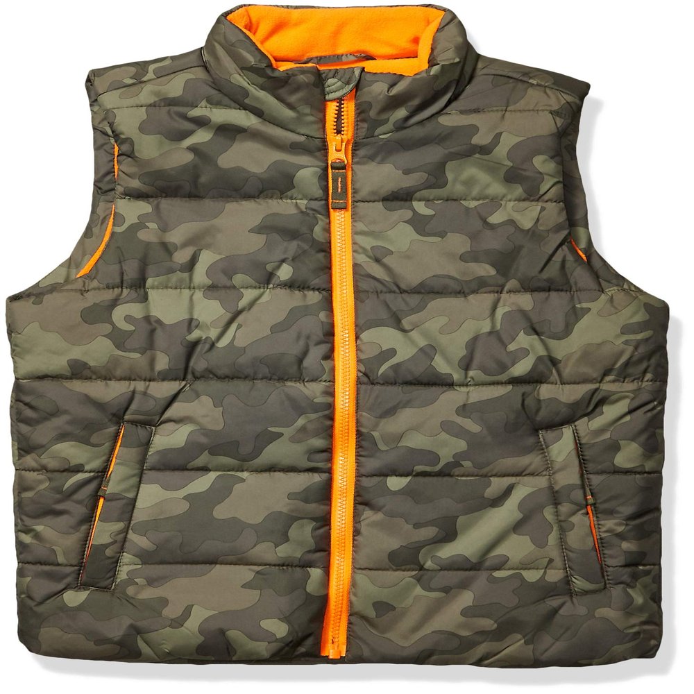 Amazon Essentials Boys' Heavyweight Outerwear Puffer Vest, Military Green Camouflage, Large