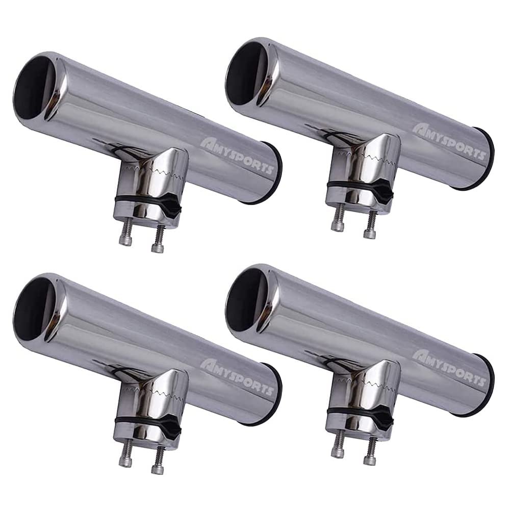 AMYSPORTS Rail Mount Rod Clamp Holders Boat Clamp Holders Rod Stainless Steel Fishing Rods Holder Adjustable Marine Side Mounted Support for Kayak Boats Fishing 4Pcs