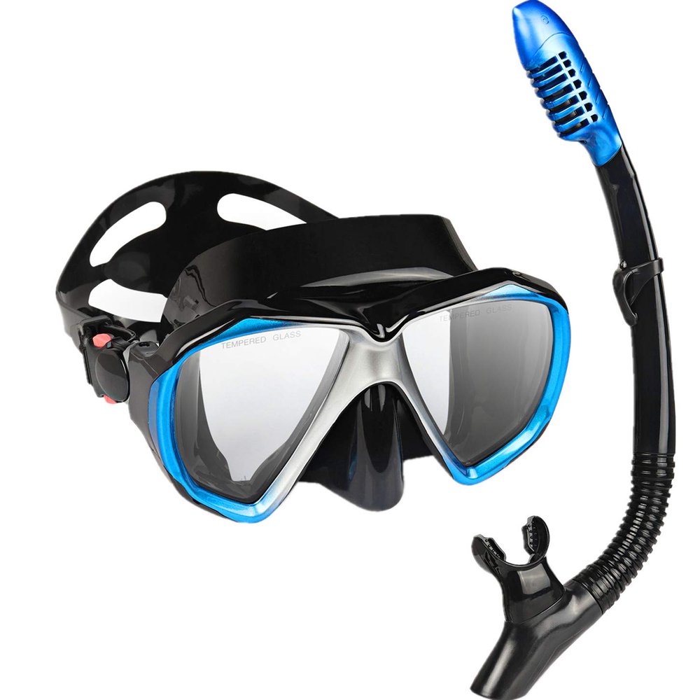 Adult Snorkel Set, Professional Snorkeling Gear Panoramic Anti-Fog Diving Goggles and Dry Snorkel Tempered Glass Scuba Mask for Diving, Snorkeling and Swimming (Blue-Silver Set)