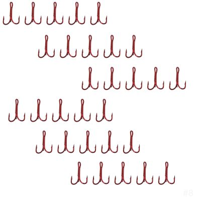 30pcs Fish WOW! Size #8 Fishing 3X Strong Treble Hooks Red Standard Shank Round Bend