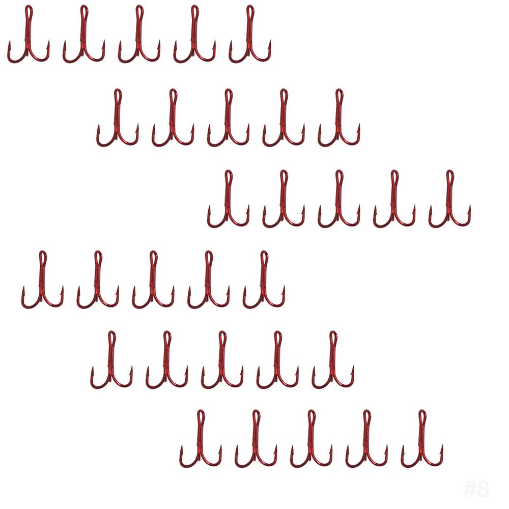 30pcs Fish WOW! Size #8 Fishing 3X Strong Treble Hooks Red Standard Shank Round Bend