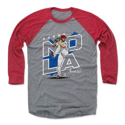 500 LEVEL Aaron Nola 3/4 Sleeve T-Shirt (Baseball Tee, XXX-Large, Red/Heather Gray) - Aaron Nola Player Map B WHT