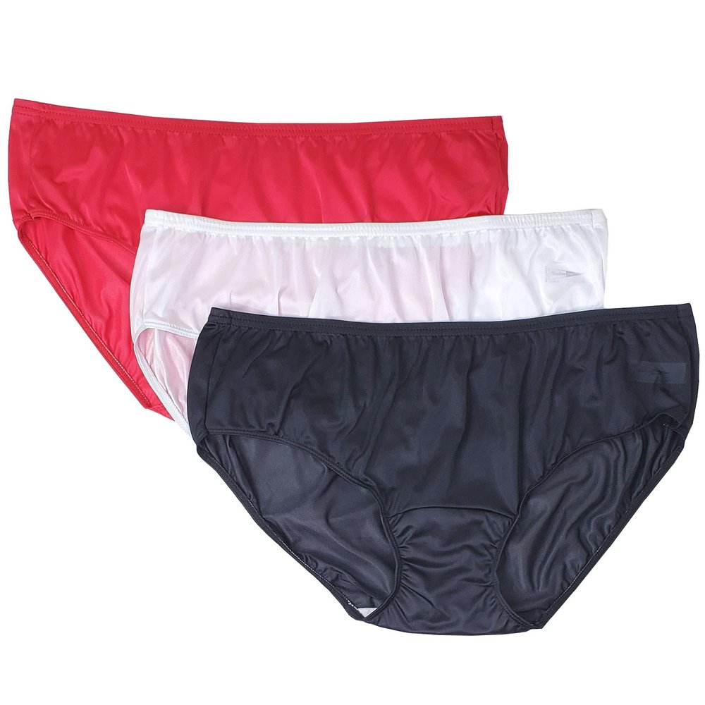 Shadowline Women's Hipster Underwear Hidden Elastic Nylon Panties 3-Pack, Black/Red/White, 6
