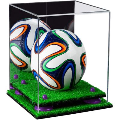Better Display Cases Acrylic Mini - Miniature (not Full Size) Soccer Ball Display Case with Mirror Case, Purple Risers and Turf Base (B03/A015)