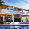 Dunn-Rite Splash & Shoot Outdoor Adjustable Height Swimming Pool Basketball Hoop w/Ball, Base, & 18 Inch Stainless Steel Rim, Made in USA, Clear view 4