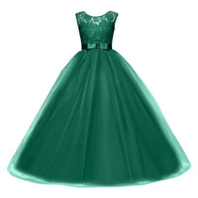 Big Girls Flower Lace Bridesmaid Dress Dance Gown A Line Dresses Long for Party Vintage Boho Princess Rustic First Communion Tulle A-line Birthday Wedding Pageant Maxi Gown Green 6-7