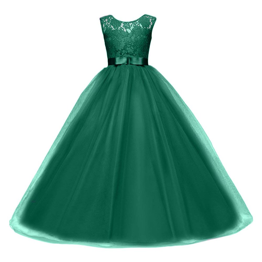 Big Girls Flower Lace Bridesmaid Dress Dance Gown A Line Dresses Long for Party Vintage Boho Princess Rustic First Communion Tulle A-line Birthday Wedding Pageant Maxi Gown Green 6-7