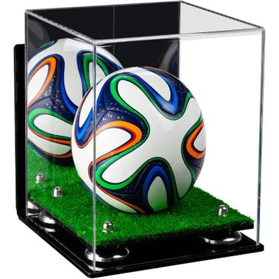 Better Display Cases Acrylic Mini - Miniature (not Full Size) Soccer Ball Display Case with Mirror Case, Silver Risers, Wall Mount and Turf Base (B03/A015)