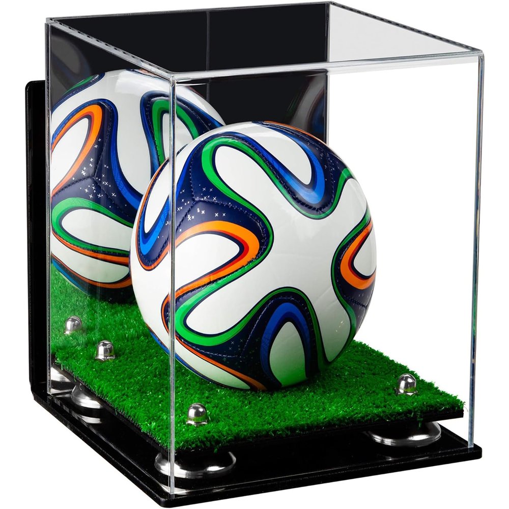 Better Display Cases Acrylic Mini - Miniature (not Full Size) Soccer Ball Display Case with Mirror Case, Silver Risers, Wall Mount and Turf Base (B03/A015)