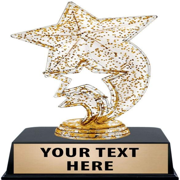 Crown Awards Star Trophies with Custom Engraving, 6" Personalized Gold Glitter Rocket Star Trophy On Black Base 10 Pack