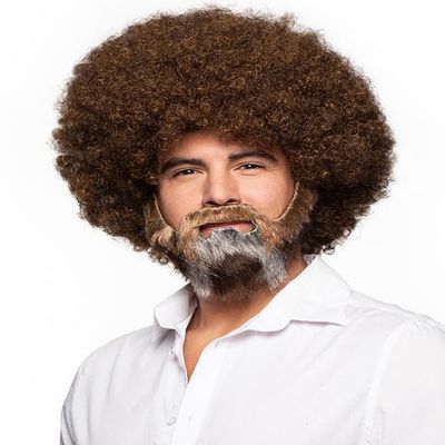 Enigma Costume Wigs Painter Man Wig & Beard Set  Brown Large Afro Wig Bob Facial Hair Goatee Ross with Mustache for Artist, Teacher & Costume Cosplay with MaxWigs Care Guide