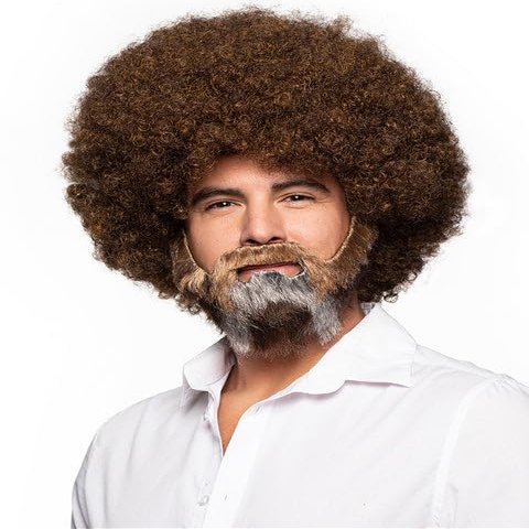 Enigma Costume Wigs Painter Man Wig & Beard Set Brown Large Afro Wig Bob Facial Hair Goatee Ross with Mustache for Artist, Teacher & Costume Cosplay with MaxWigs Care Guide