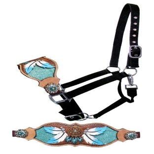 Showman Leather Bronc Halter w/Teal Dream Catcher & Feather Design