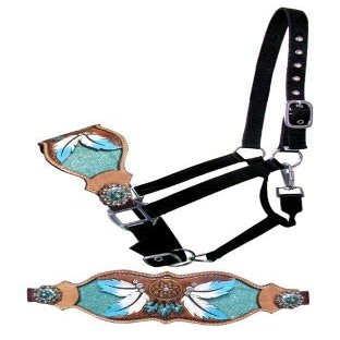 Showman Leather Bronc Halter w/Teal Dream Catcher & Feather Design