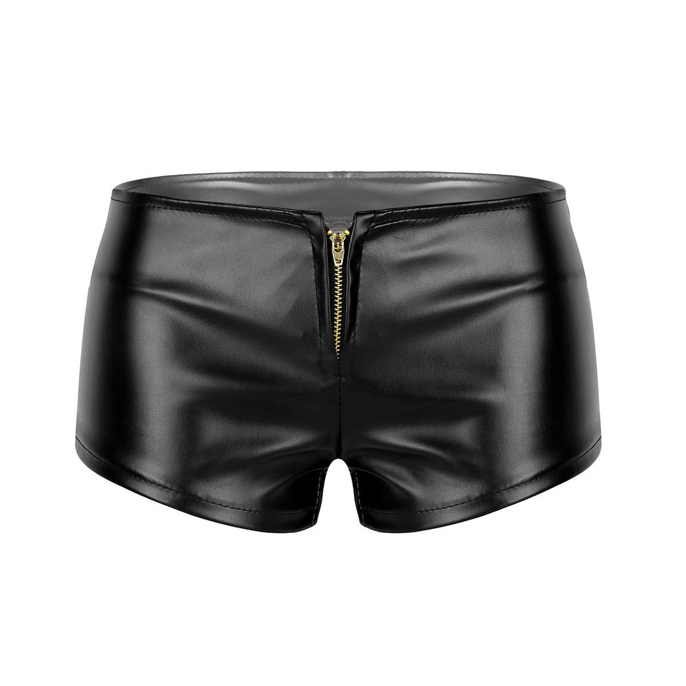 Agoky Women's Wet Look PVC Leather Zipper Front Low Waisted Hot Boyshorts Night Club Booty Shorts Bottoms Black Small