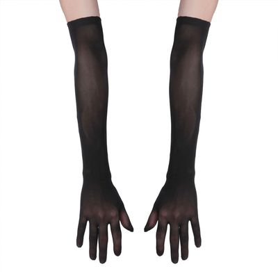 YEAHDOR Women's Ultra-thin Sheer Mesh Golves Transparent Full Finger Opera Evening Party Mittens Elbow Length Black One Size