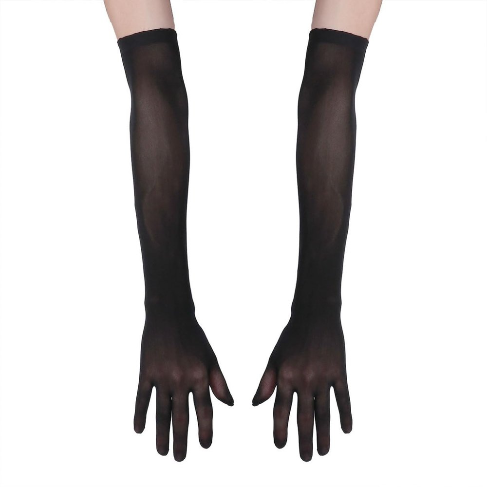 YEAHDOR Women's Ultra-thin Sheer Mesh Golves Transparent Full Finger Opera Evening Party Mittens Elbow Length Black One Size