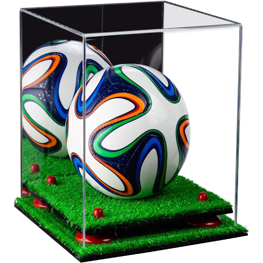 Better Display Cases Acrylic Mini - Miniature (not Full Size) Soccer Ball Display Case with Mirror Case, Red Risers and Turf Base (B03/A015)