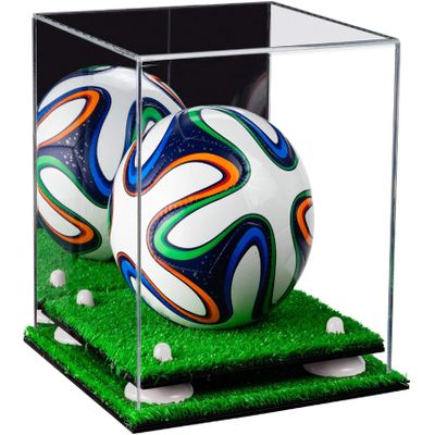 Better Display Cases Acrylic Mini - Miniature (not Full Size) Soccer Ball Display Case with Mirror Case, White Risers and Turf Base (B03/A015)