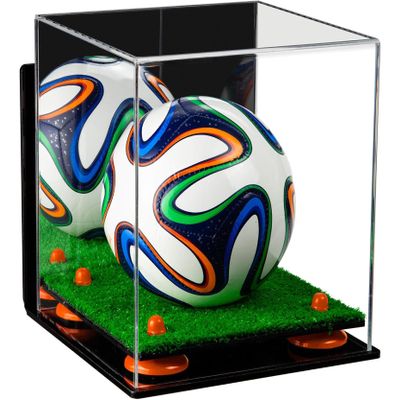 Better Display Cases Acrylic Mini - Miniature (not Full Size) Soccer Ball Display Case with Mirror Case, Orange Risers, Wall Mount and Turf Base (B03/A015)