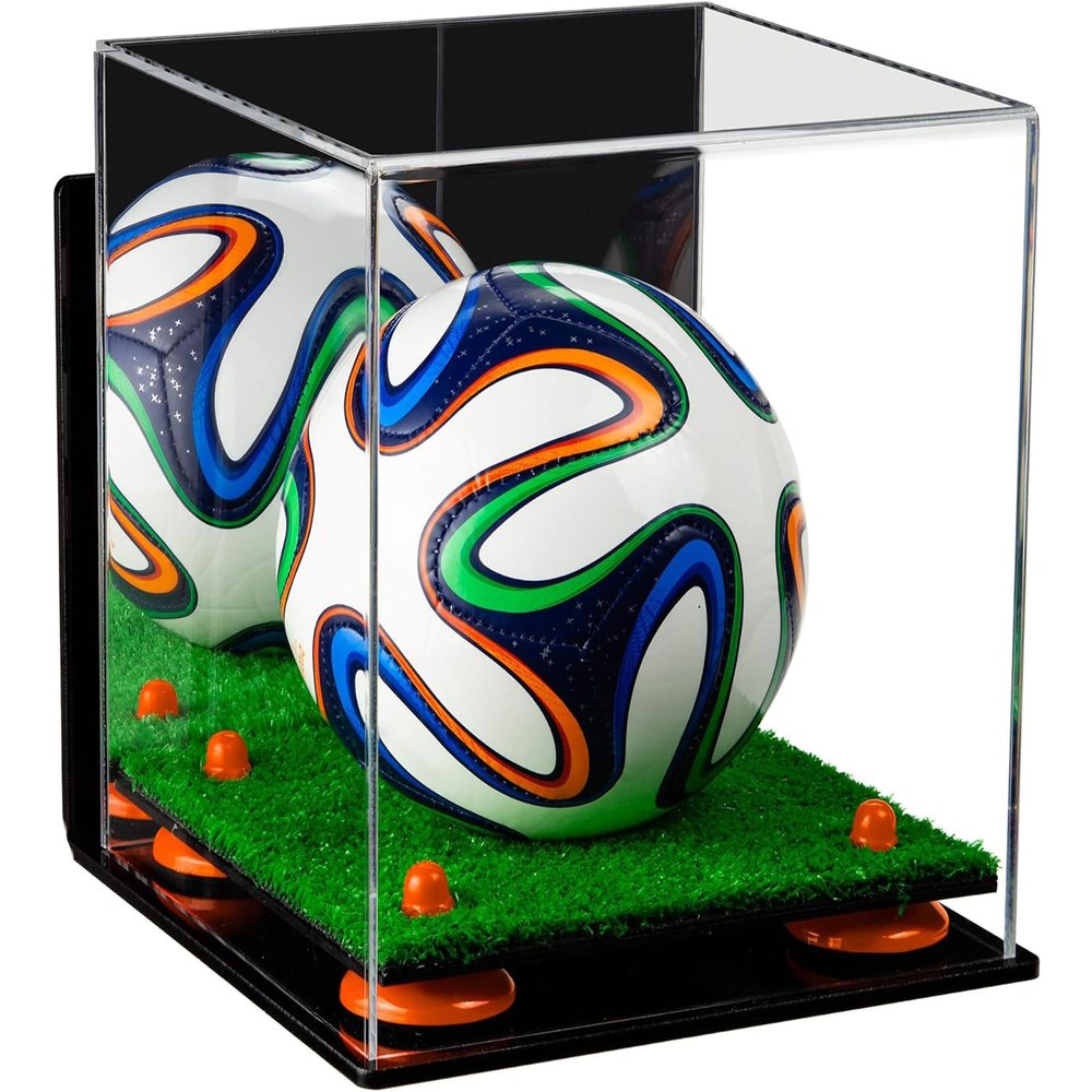 Better Display Cases Acrylic Mini - Miniature (not Full Size) Soccer Ball Display Case with Mirror Case, Orange Risers, Wall Mount and Turf Base (B03/A015)