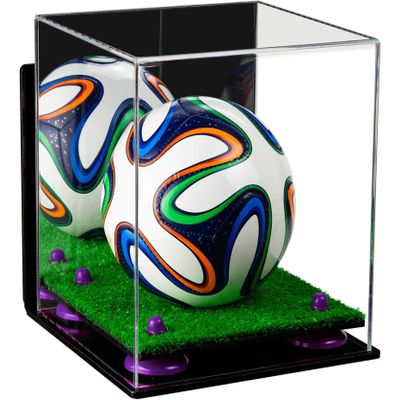 Better Display Cases Acrylic Mini - Miniature (not Full Size) Soccer Ball Display Case with Mirror Case, Purple Risers, Wall Mount and Turf Base (B03/A015)