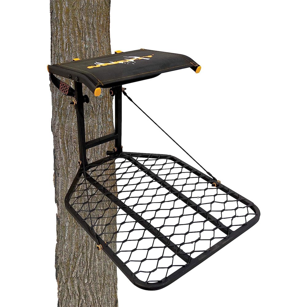MUDDY The Boss 1 Person Hang On Tree Stand, Deer Hunting Stand with Silent Straps, FlexTek Seat and Wide Stance Platform, Black