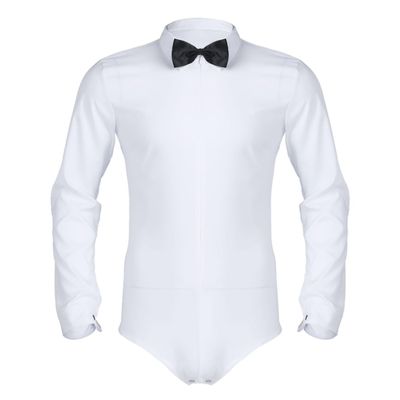 YEAHDOR Men's Long Sleeve Zipper Front Romper Dance Shirt One-piece Bowtie Leotard White Medium