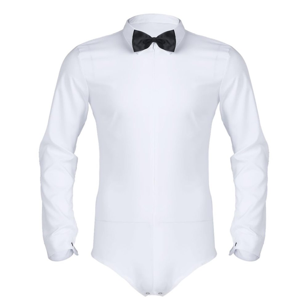 YEAHDOR Men's Long Sleeve Zipper Front Romper Dance Shirt One-piece Bowtie Leotard White Medium