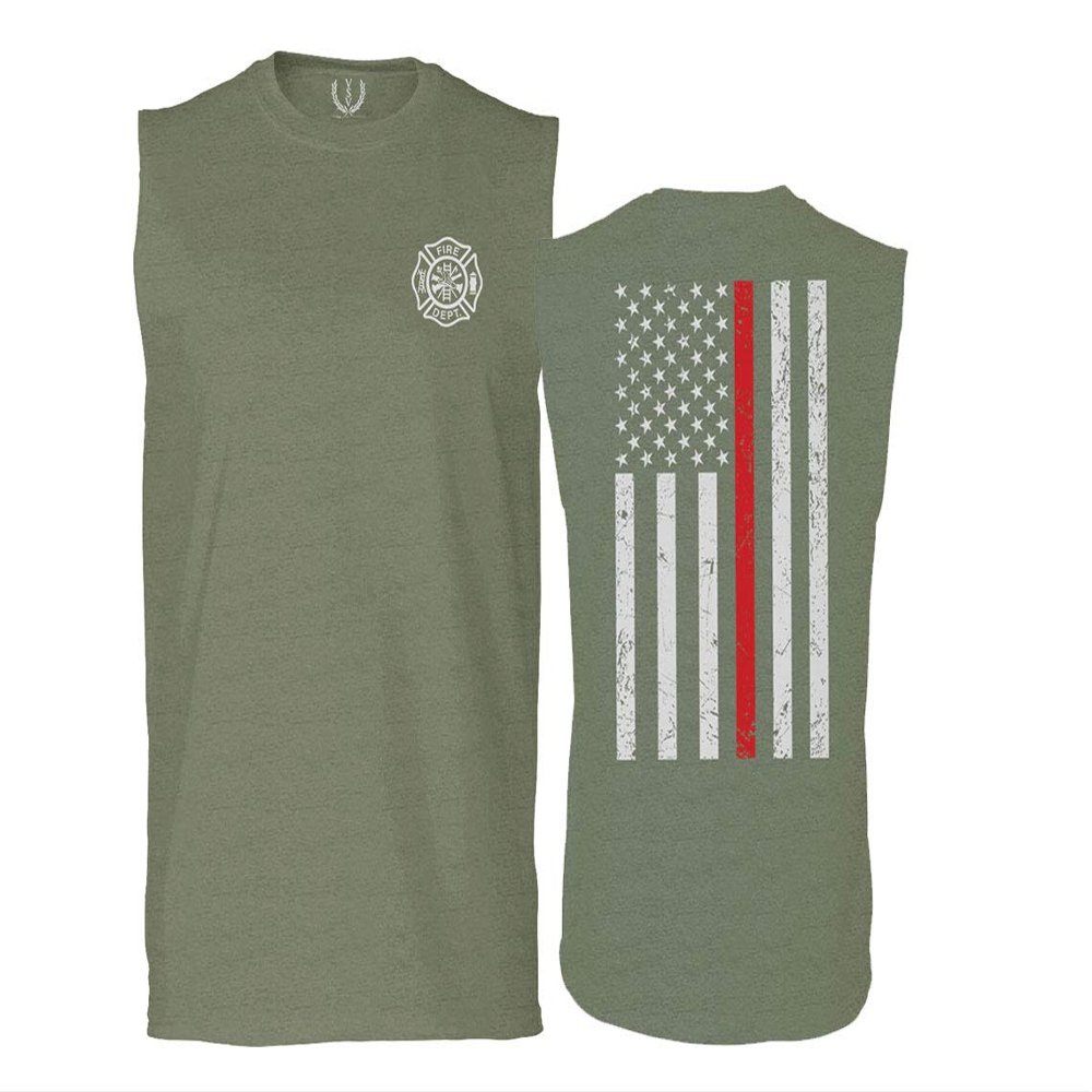0058. American Flag Thin Red Line Firefighter Support Seal Men's Muscle Tank Sleeveles t Shirt (Olive Large)